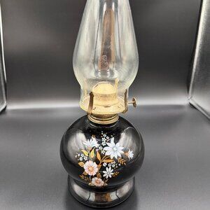 Vintage Oil Lamp Black with Gold and White Floral, Lamplight Farms 14.5”x 5” EUC